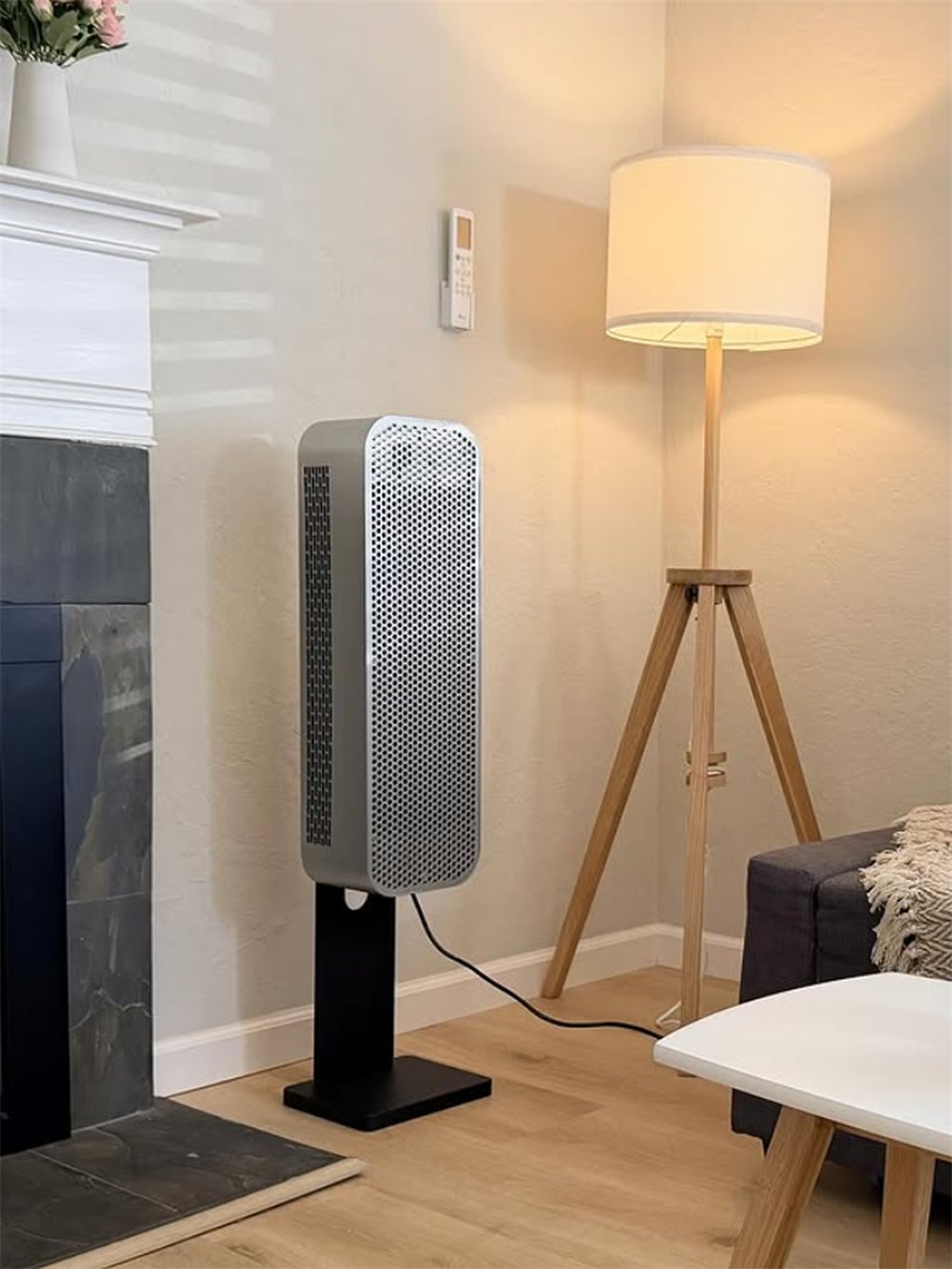 HIVE beside a fireplace and tripod floor lamp in a living room