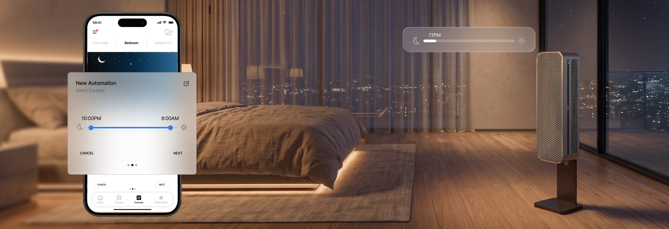 HIVE in a bedroom at night with the Praan app scheduling an overnight automation