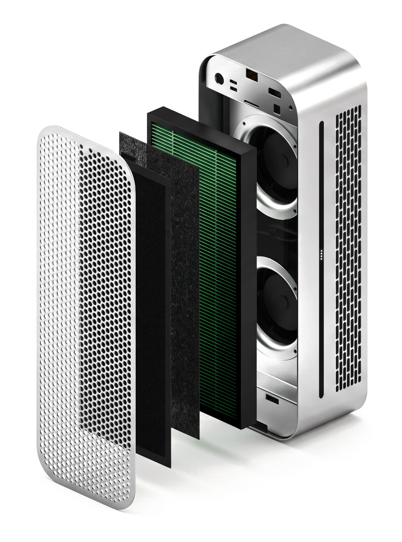Exploded view of the HIVE air purifier showing the intake grille, filter layers, fans and aluminium body